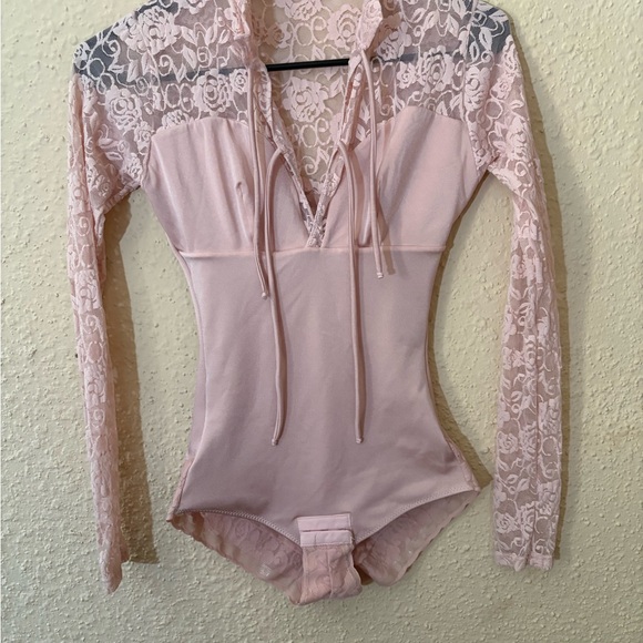 Pink Lace Long Sleeve Bodysuit with Tie Front - Picture 2 of 5